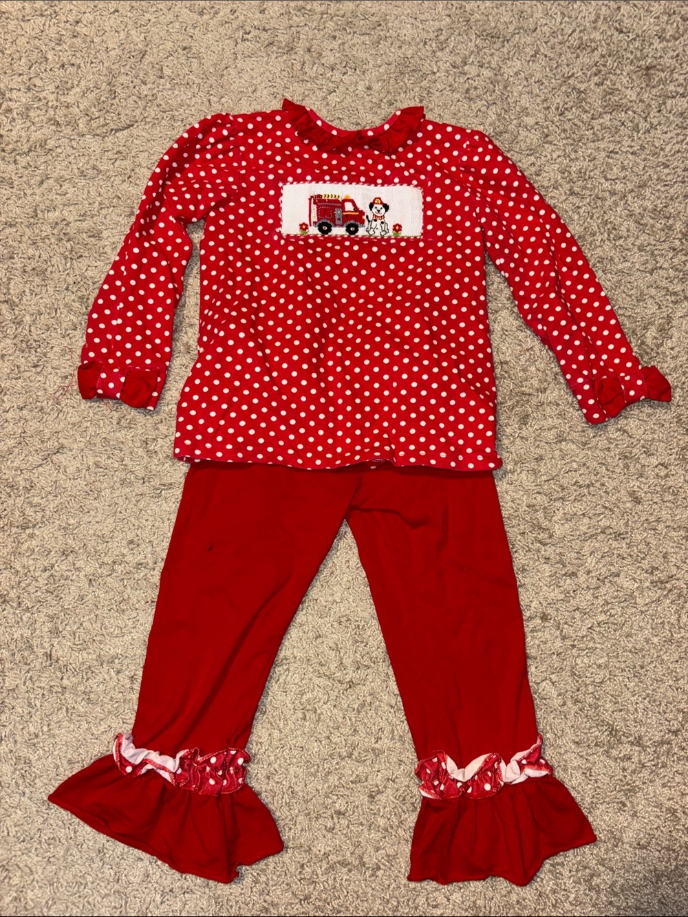 Girls Smocked Red Polka Dot Fire Truck Set